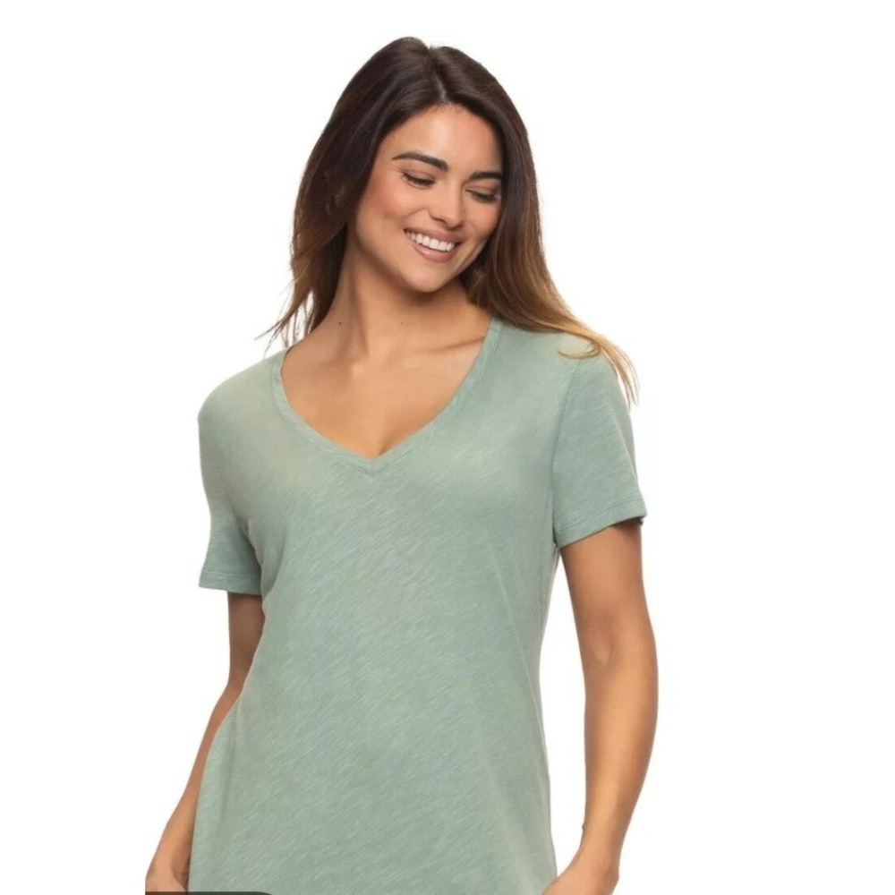 Athleta V-Neck Tee Women Small Tall Sage Green Good Slub Knit Curved Hem‎